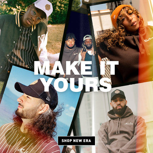 Five local creators wearing New Era's Fall Collection caps and clothing. 