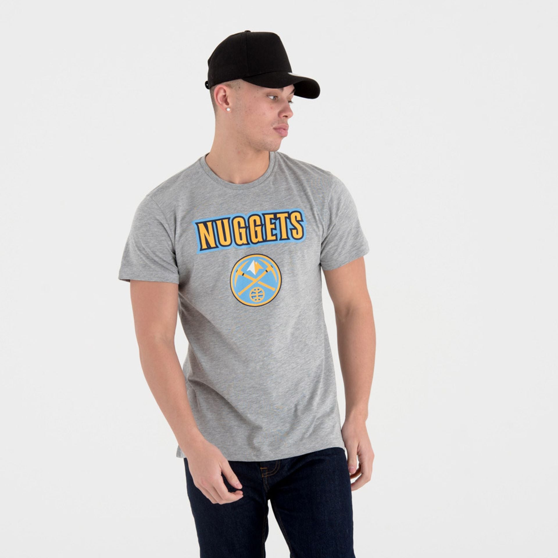 The Male model is wearing Denver Nuggets NBA Team Logo Grey T-Shirt 1