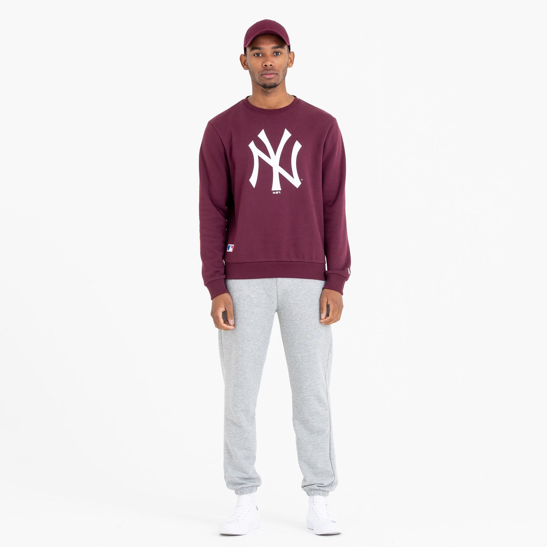 The Male model is wearing New York Yankees MLB Team Logo Maroon Crew Neck Sweatshirt 2