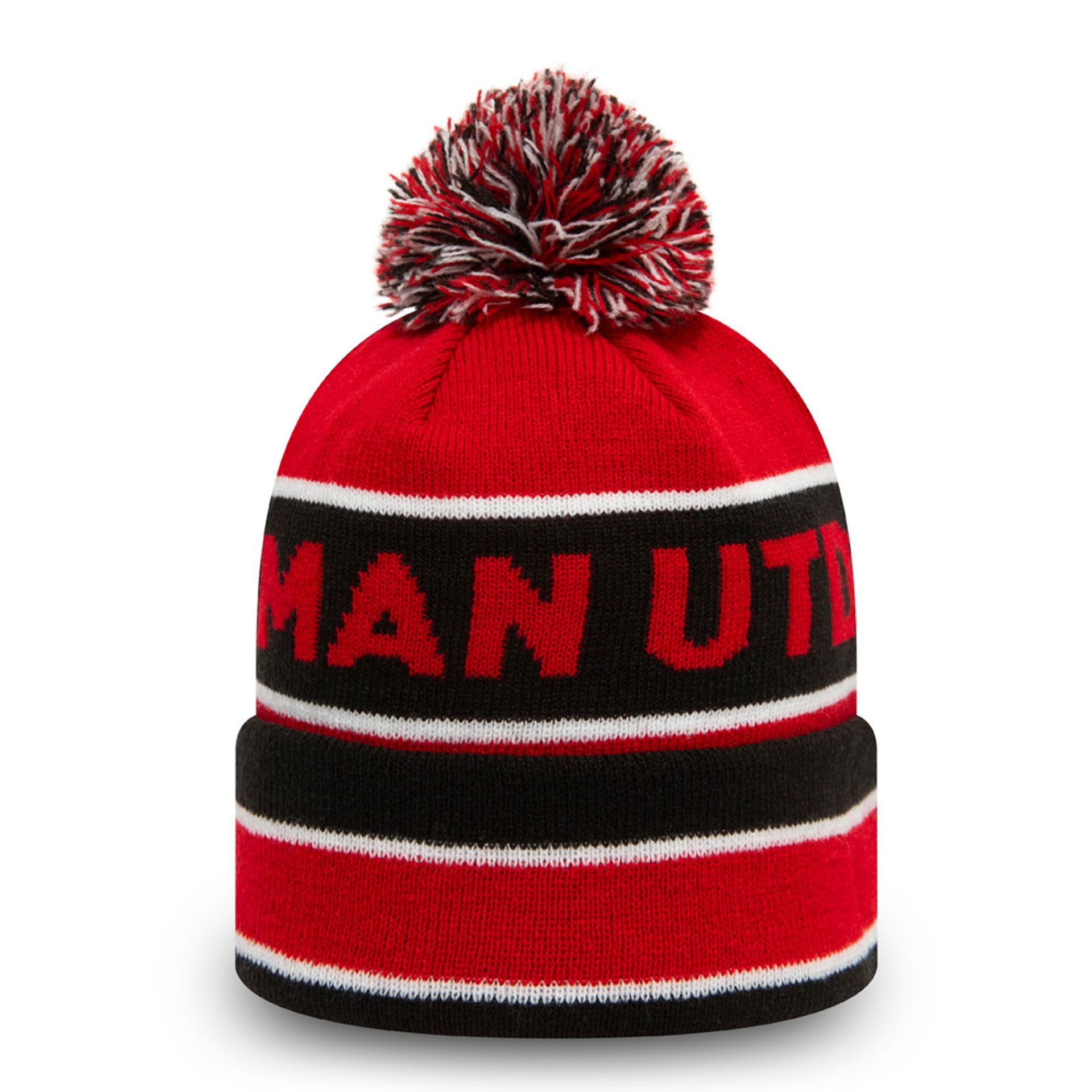 This is a Manchester United Striped Red Multi Bobble Beanie Hat 2