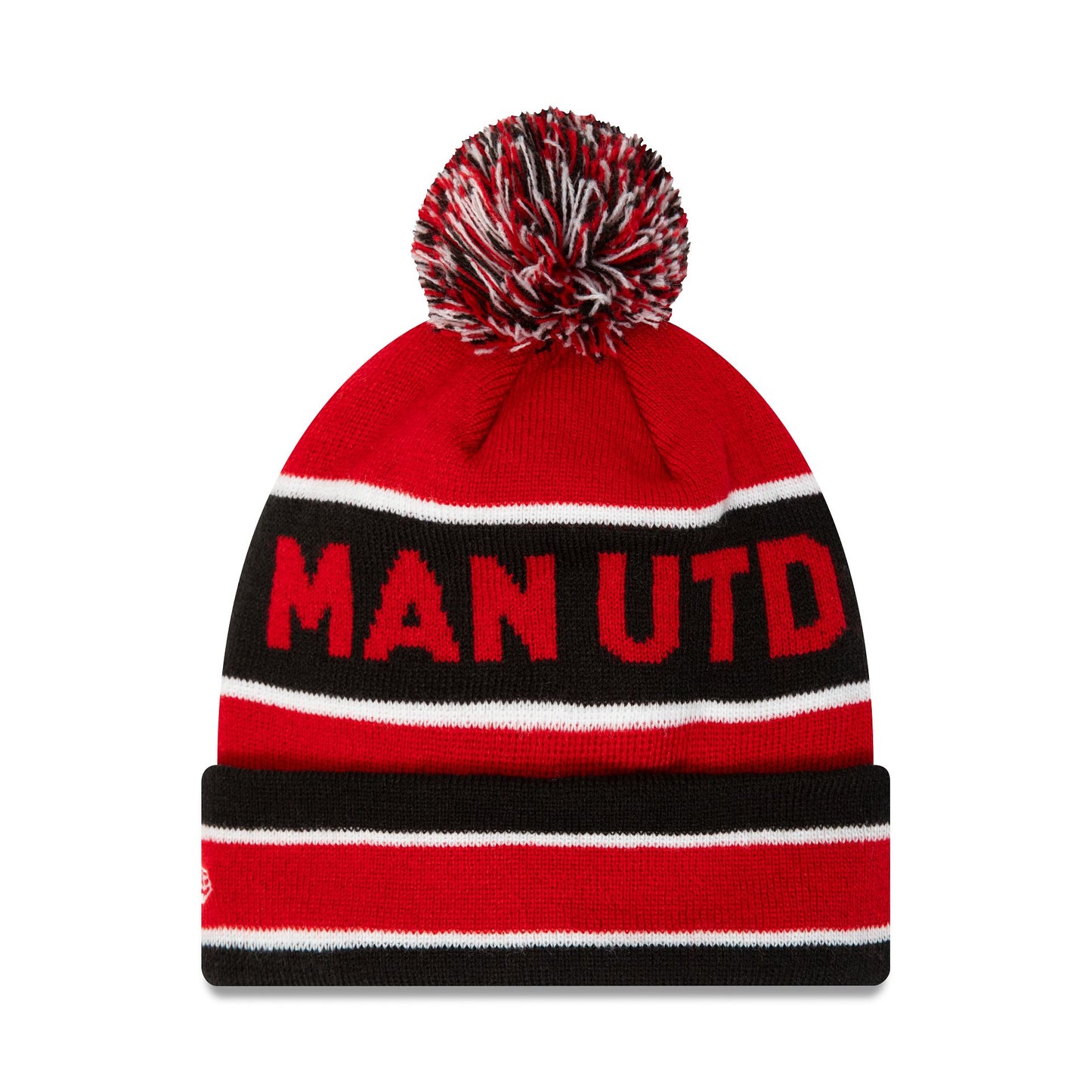 This is a Manchester United Striped Red Multi Bobble Beanie Hat 3