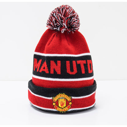 This is a Manchester United Striped Red Multi Bobble Beanie Hat 1