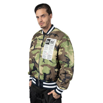 The Male model is wearing New York Yankees Alpha Industries Blue Reversible Bomber Jacket 5