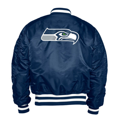 The Male model is wearing Seattle Seahawks x Alpha Industries Navy Reversible Bomber Jacket 2