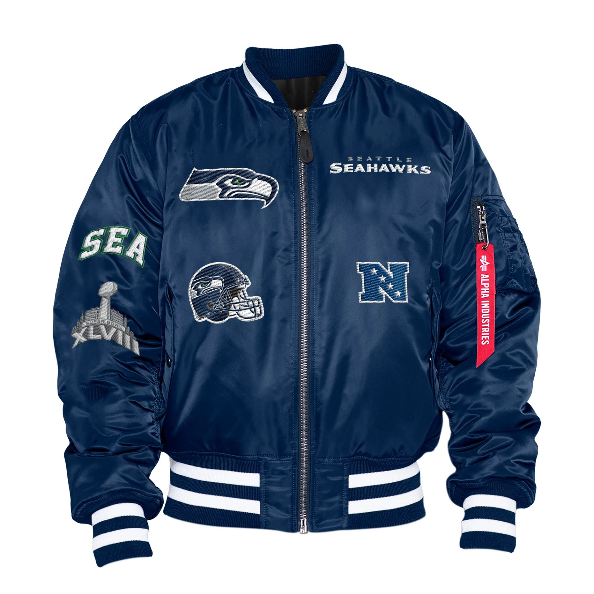 The Male model is wearing Seattle Seahawks x Alpha Industries Navy Reversible Bomber Jacket 1