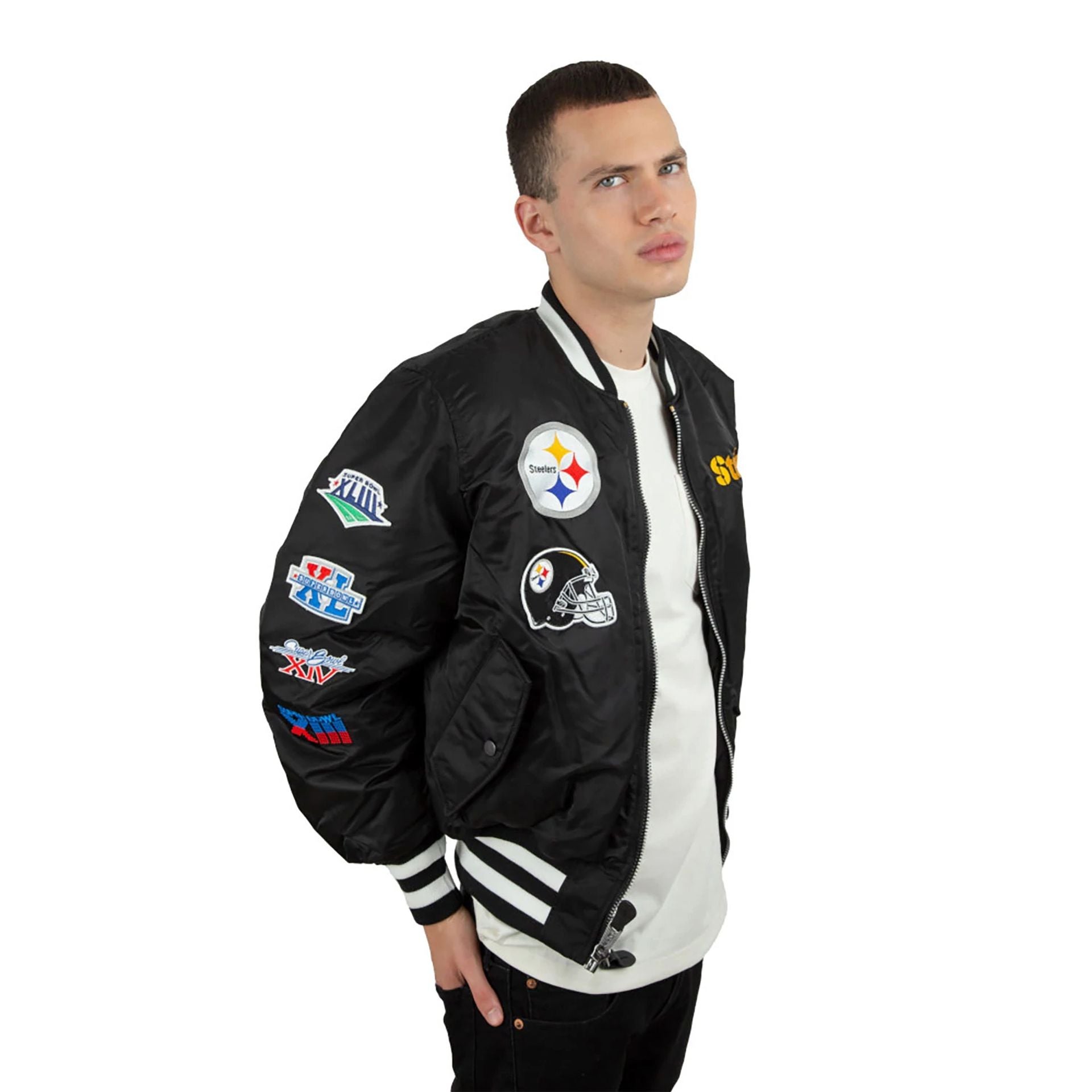 The Male model is wearing Pittsburgh Steelers Alpha Industries Black Reversible Bomber Jacket 2