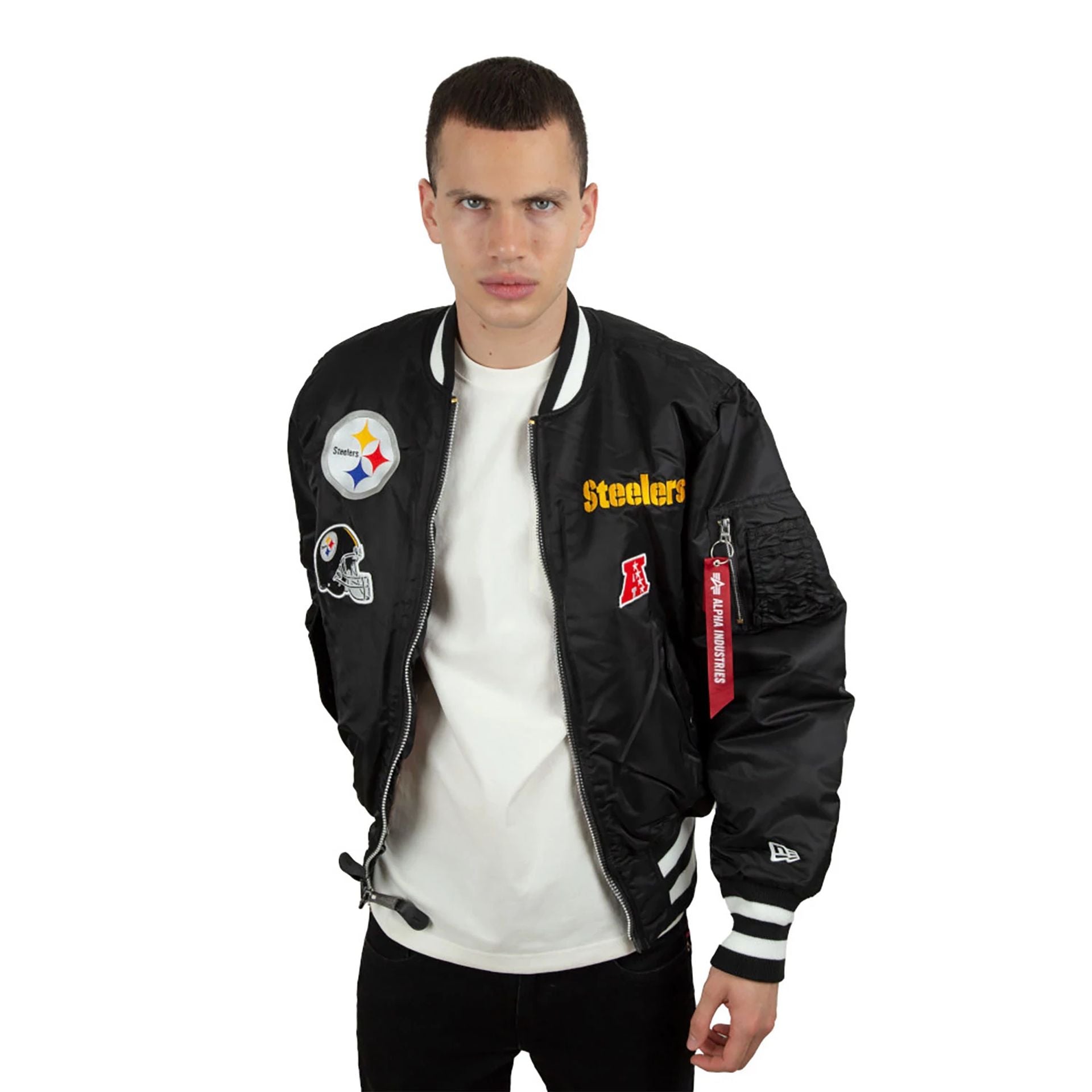 The Male model is wearing Pittsburgh Steelers Alpha Industries Black Reversible Bomber Jacket 1