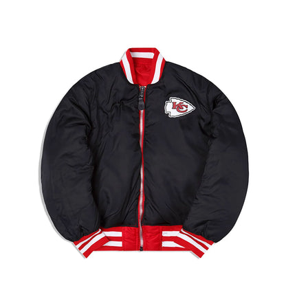 The Male model is wearing Kansas City Chiefs Alpha Industries Red Reversible Bomber Jacket 3