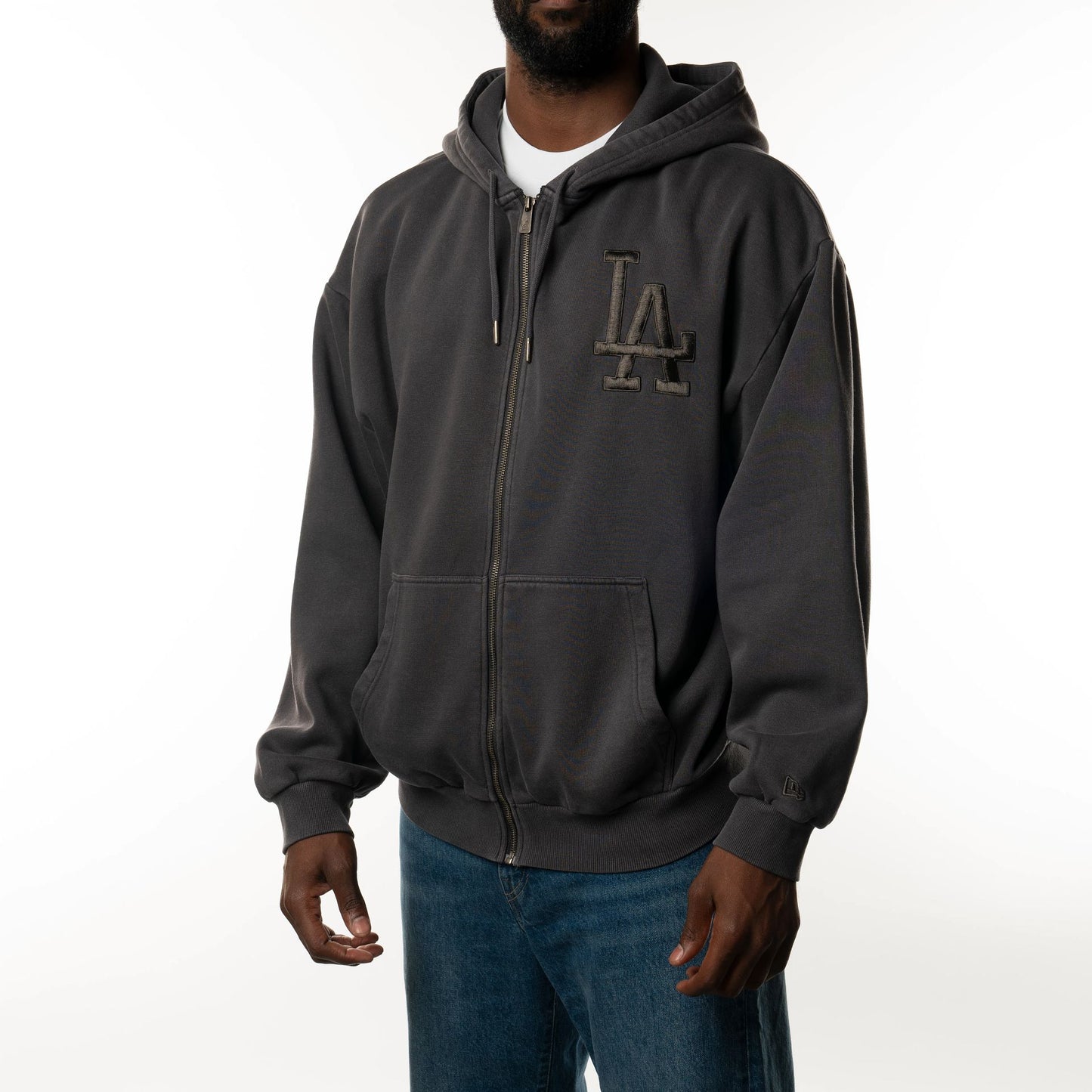 The Male model is wearing LA Dodgers New Era Australia Charcoal Oversized Full Zip Hoodie  3