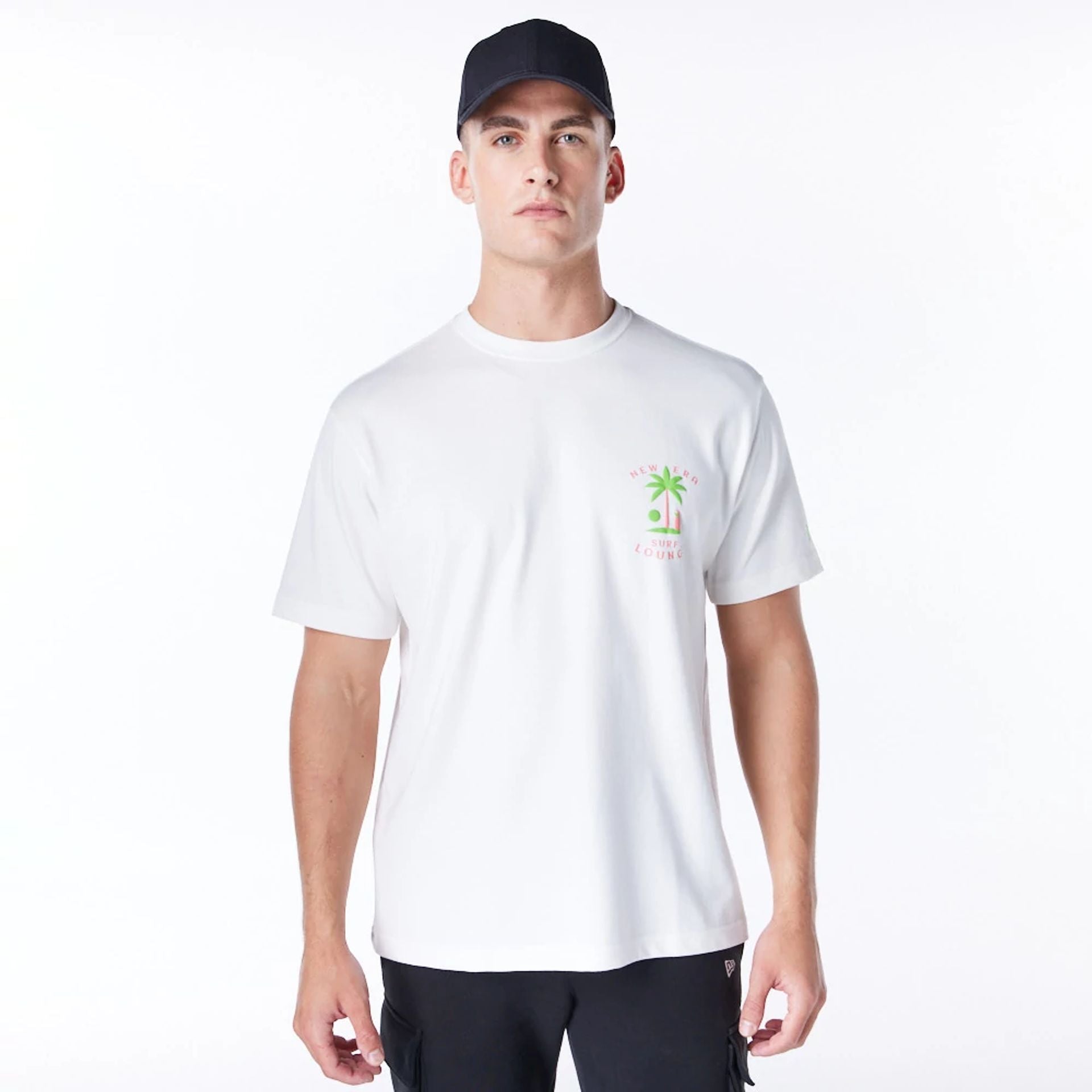 The Male model is wearing New Era Korea Surf Lounge White T-Shirt 1