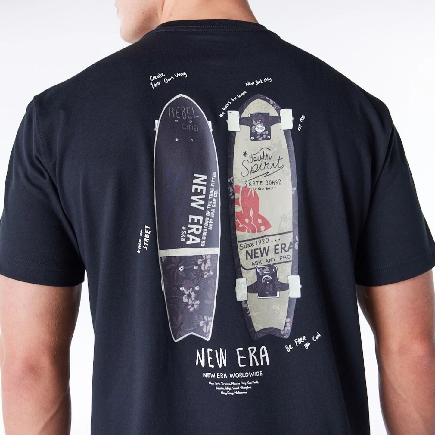 The Male model is wearing New Era Korea Skateboard Black T-Shirt 8