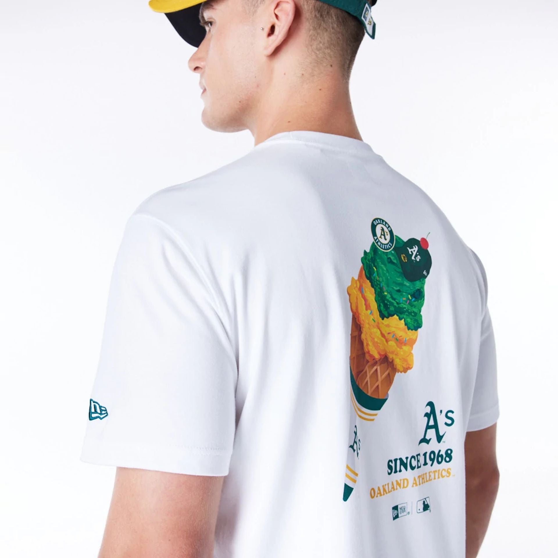 The Male model is wearing Oakland Athletics MLB Home New Era Korea White T-Shirt 7