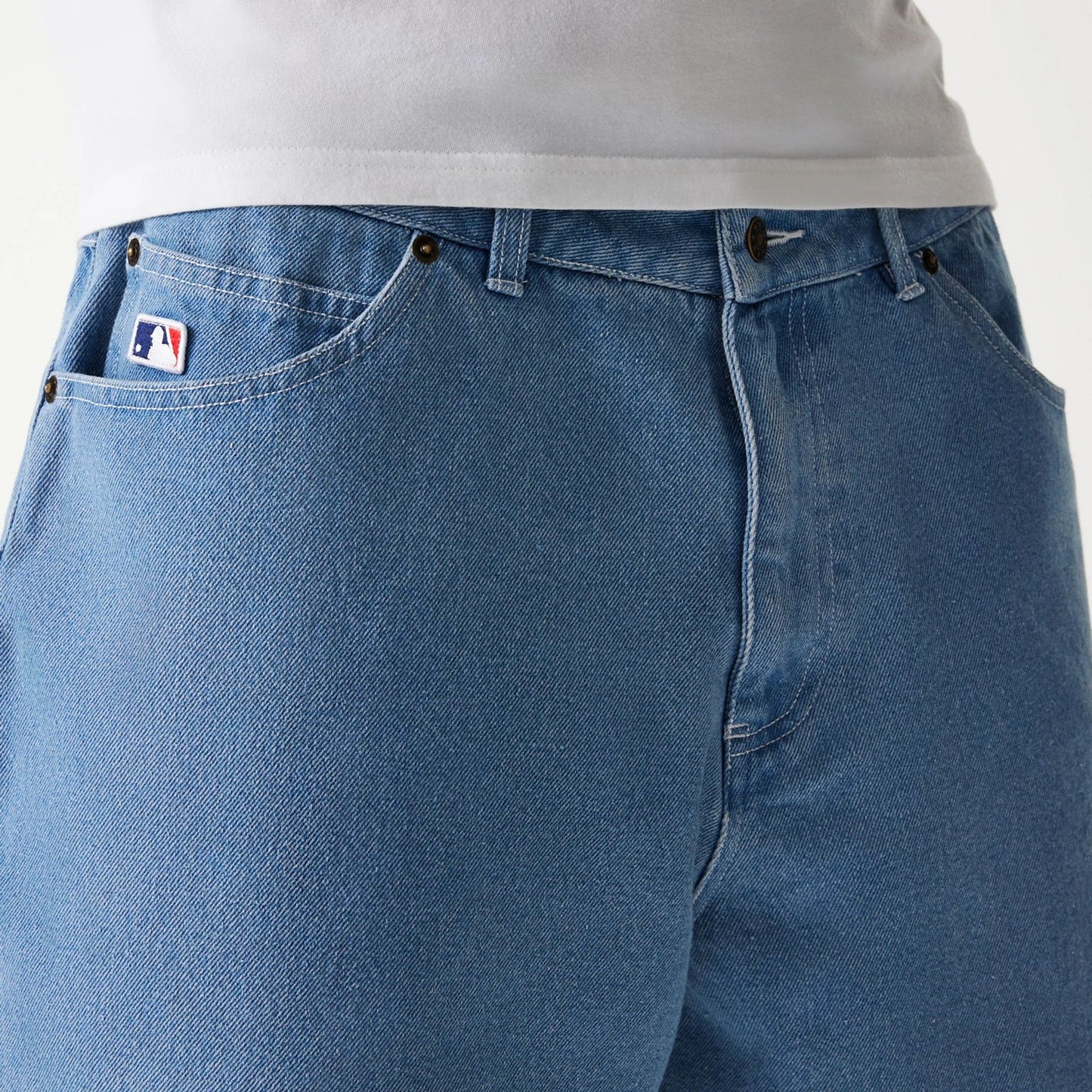 The Male model is wearing LA Dodgers Light Blue Denim Shorts 5