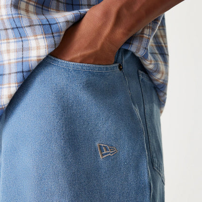 The Male model is wearing LA Dodgers Light Blue Denim Shorts 4