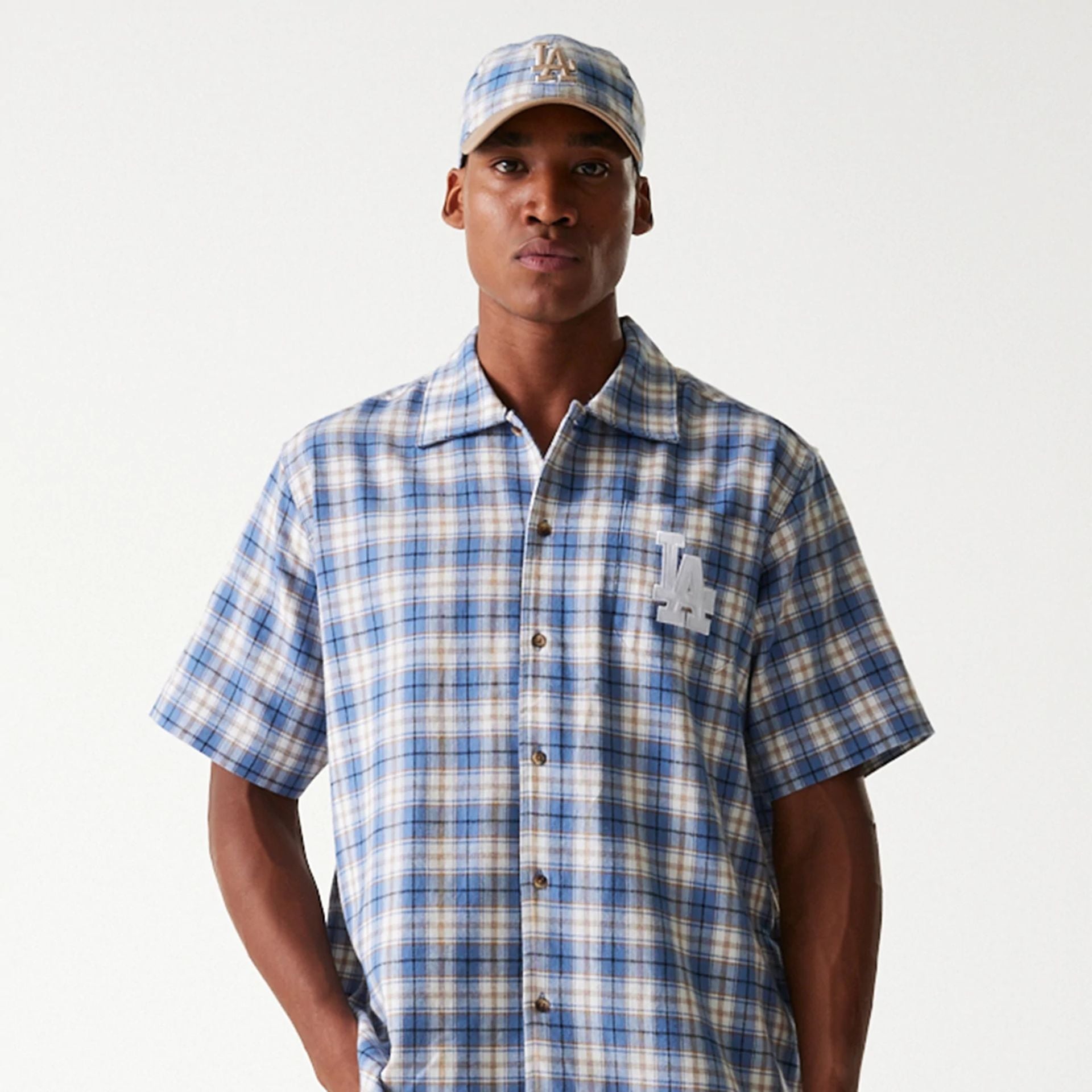 The Male model is wearing LA Dodgers Plaid Blue Short Sleeve Shirt 3