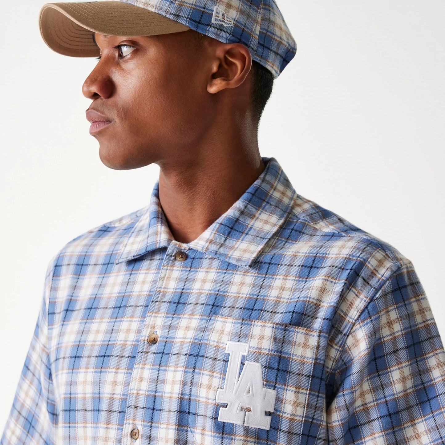 The Male model is wearing LA Dodgers Plaid Blue Short Sleeve Shirt 4