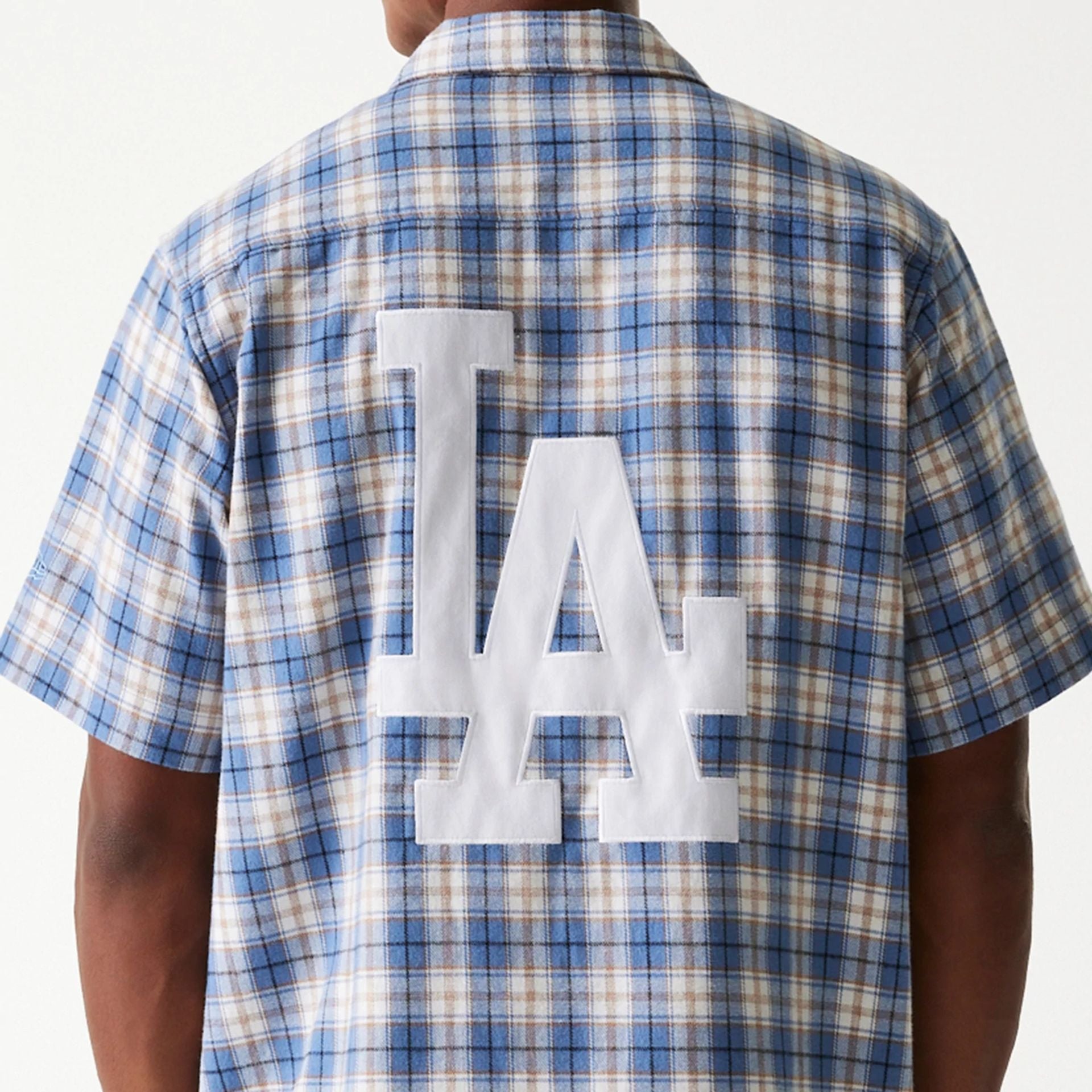 The Male model is wearing LA Dodgers Plaid Blue Short Sleeve Shirt 2