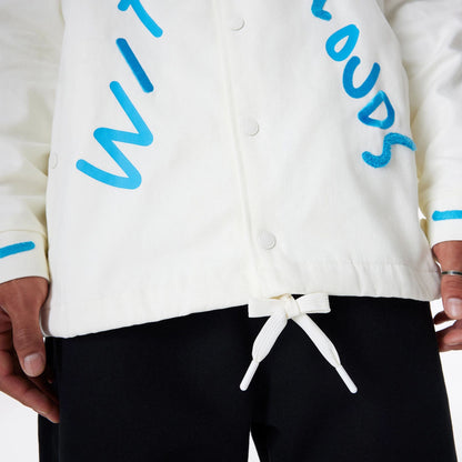 The Male model is wearing Ricardo Luévanos x New Era White Coach Jacket 7