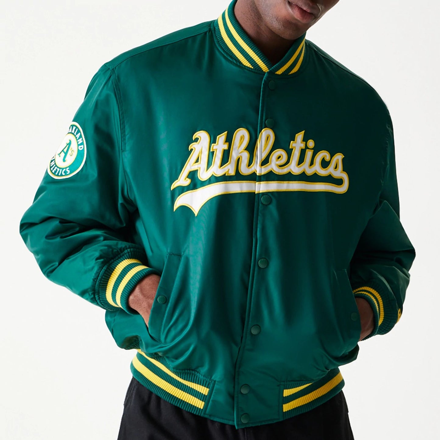 The Male model is wearing Oakland Athletics MLB Stadium Green Jacket  3