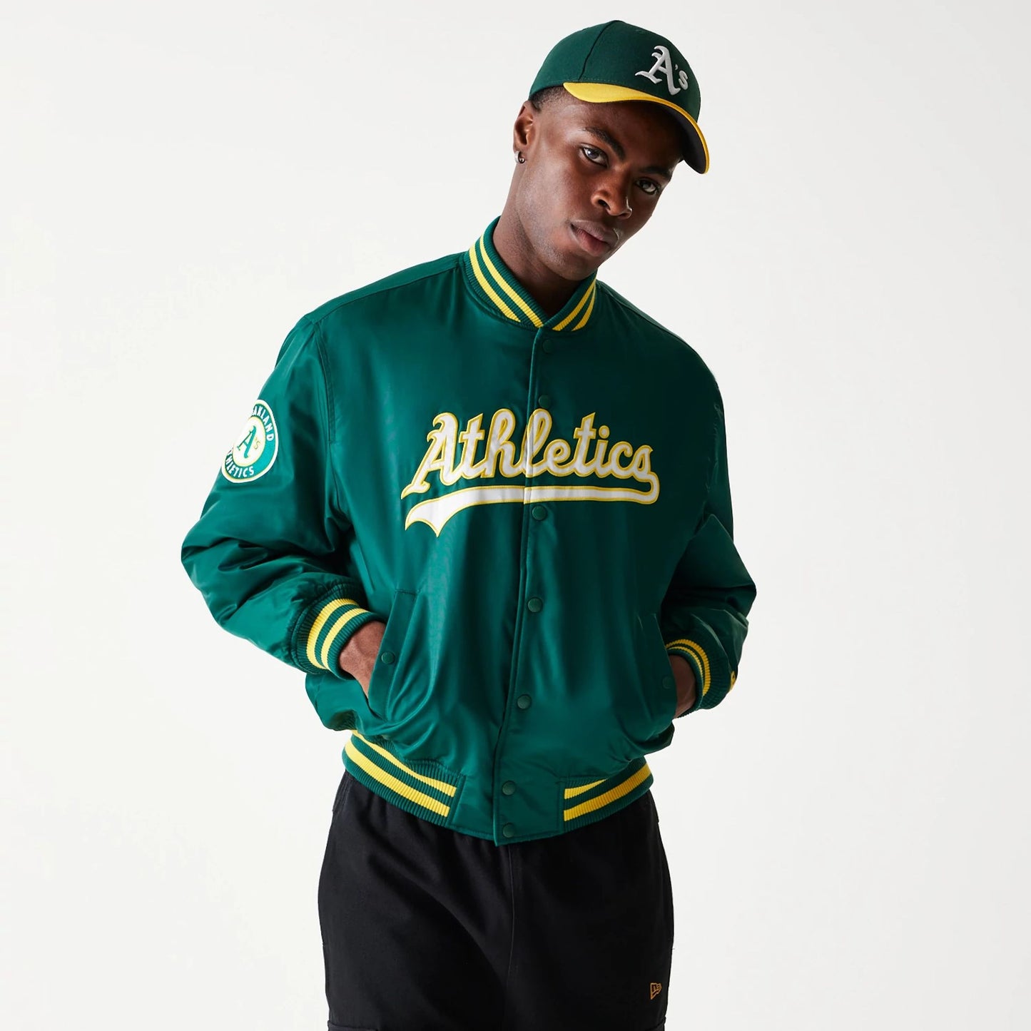 The Male model is wearing Oakland Athletics MLB Stadium Green Jacket  1