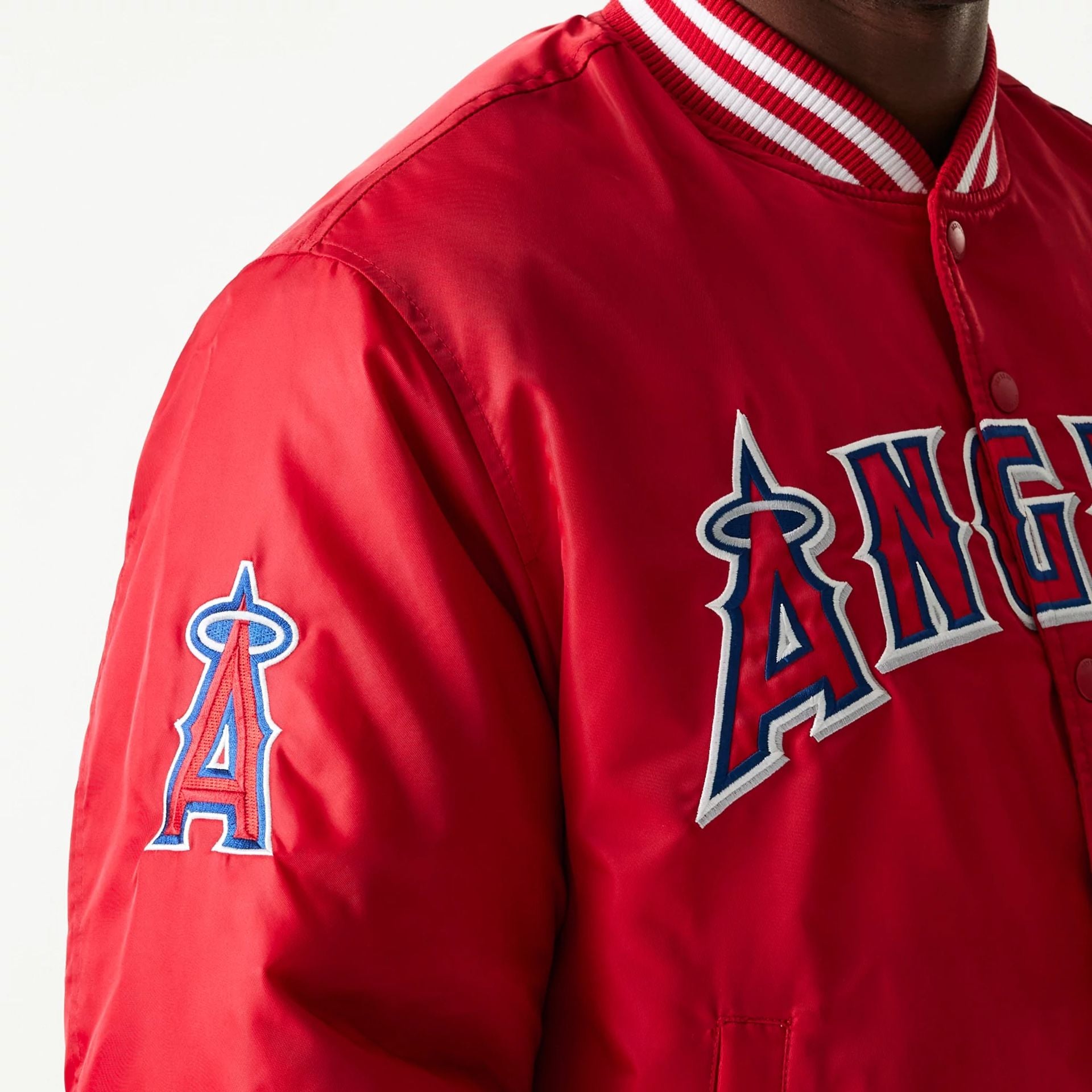 The Male model is wearing LA Angels MLB Stadium Red Jacket  6