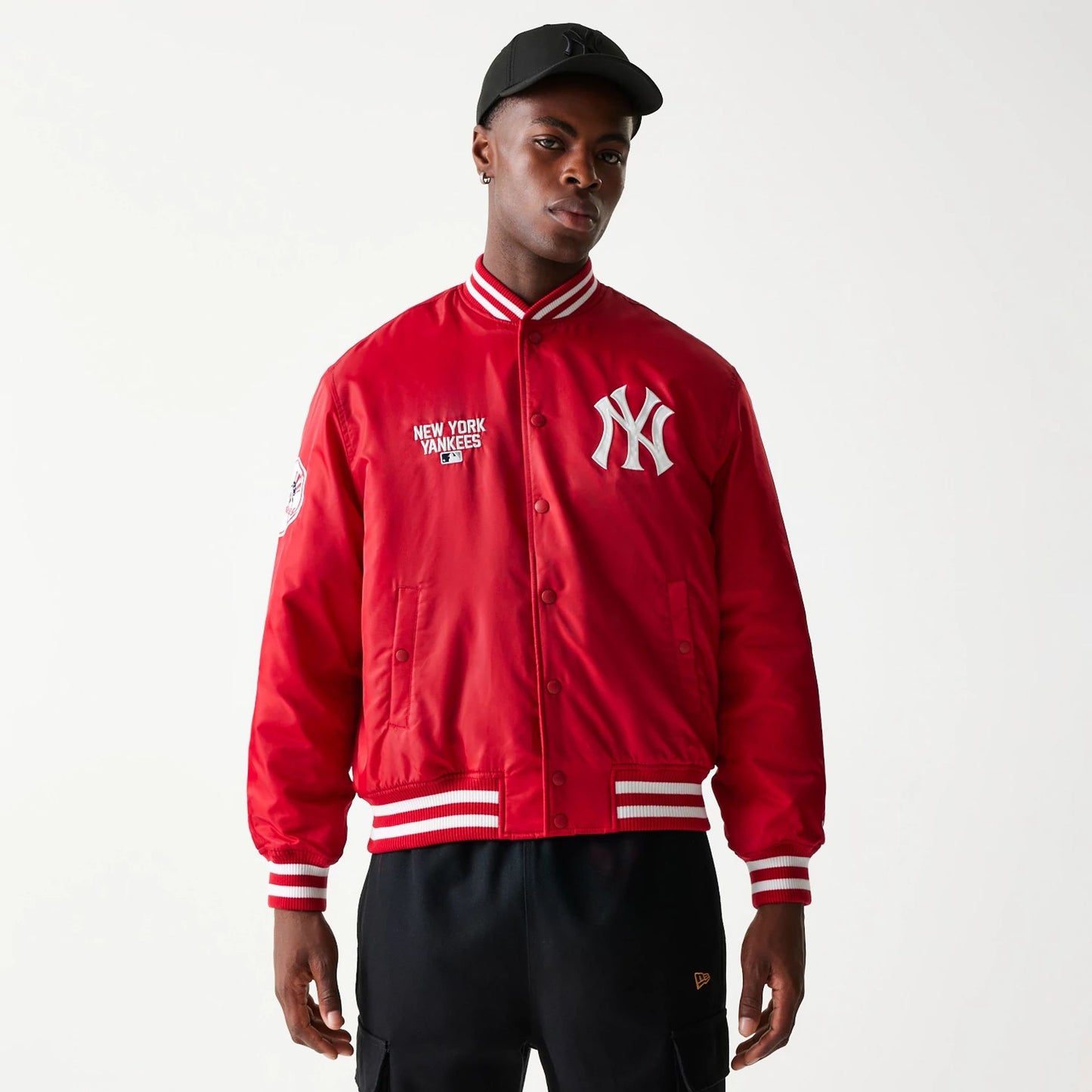 The Male model is wearing New York Yankees MLB Logo Stadium Red Jacket  1