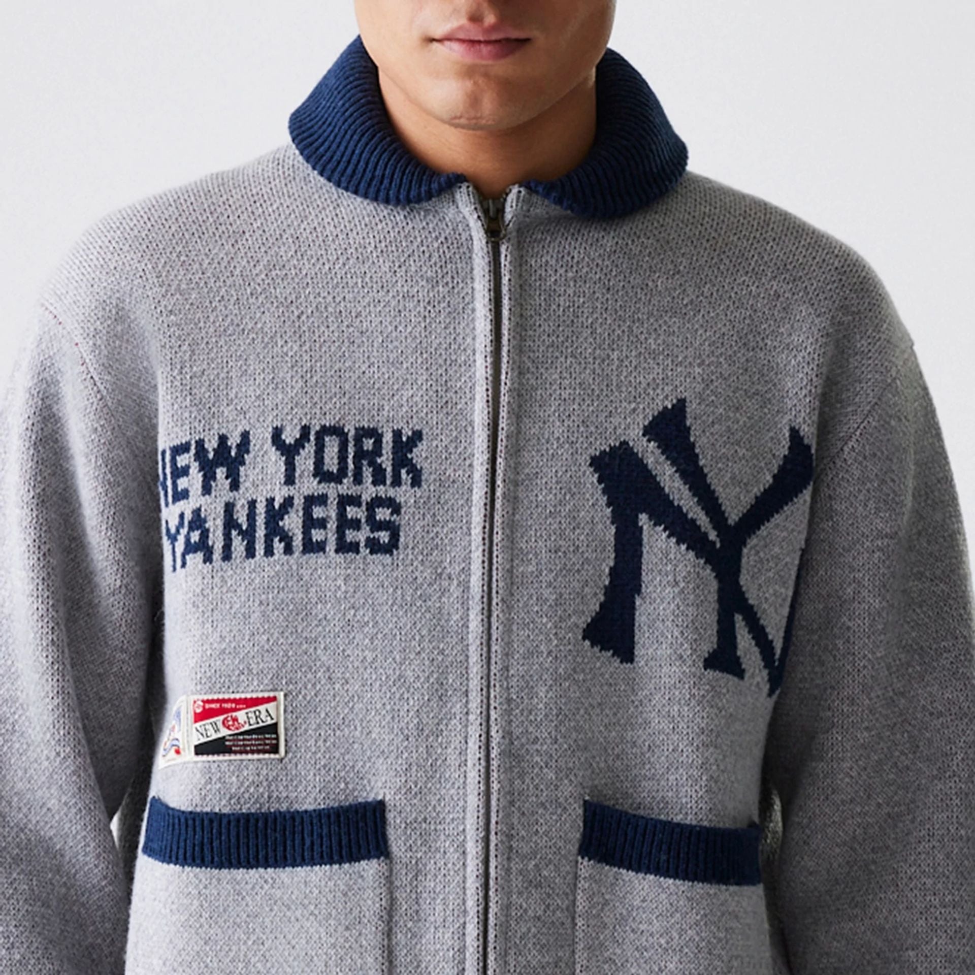 The Male model is wearing New York Yankees MLB Cowichan Grey Knitted Zip Through 6