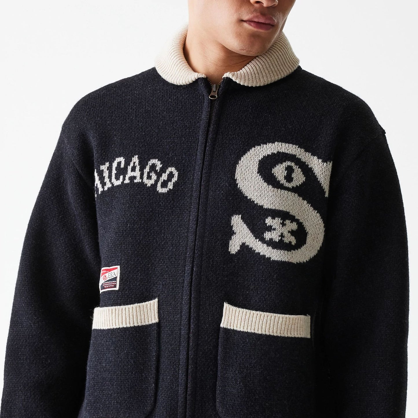 The Male model is wearing Chicago White Sox MLB Cowichan Black Crew Neck Sweater  8