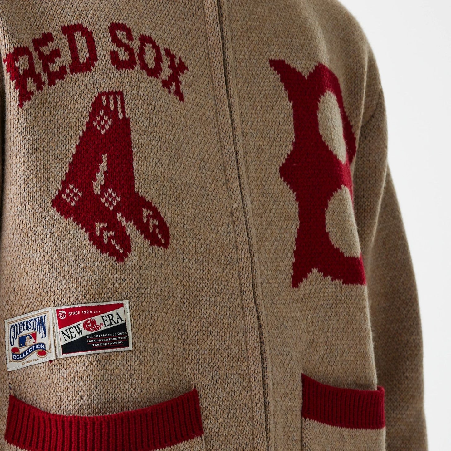 The Male model is wearing Boston Red Sox MLB Cowichan Beige Crew Neck Sweater  4