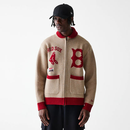 The Male model is wearing Boston Red Sox MLB Cowichan Beige Crew Neck Sweater  1