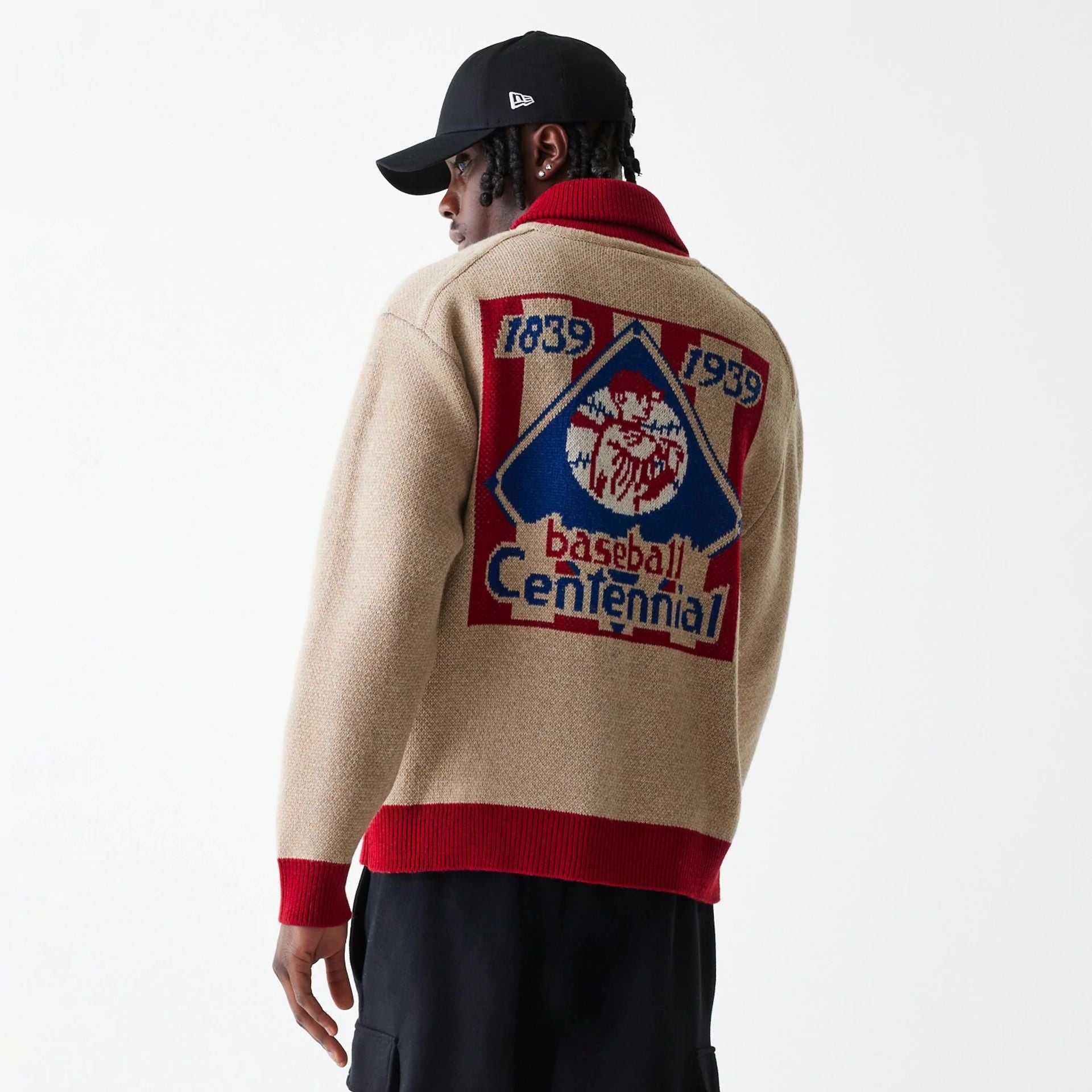 The Male model is wearing Boston Red Sox MLB Cowichan Beige Crew Neck Sweater  2