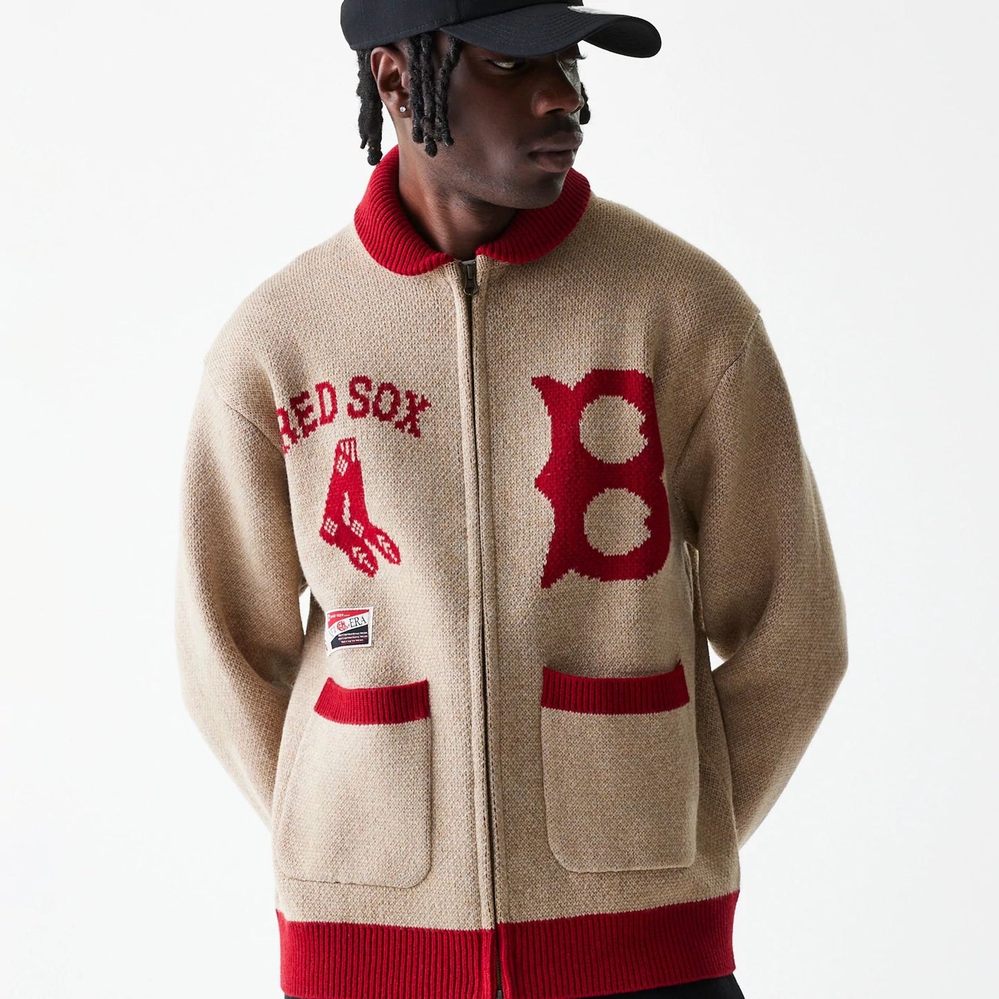 The Male model is wearing Boston Red Sox MLB Cowichan Beige Crew Neck Sweater  8