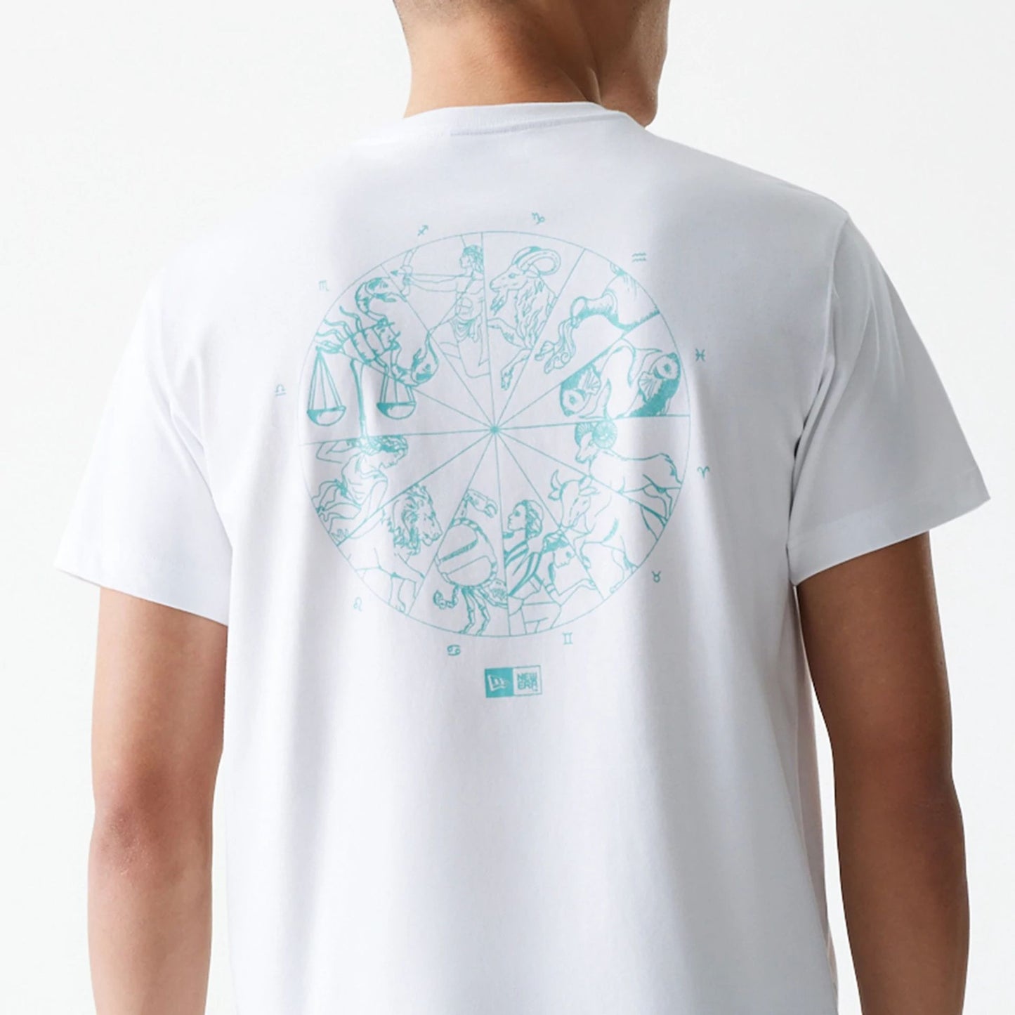 The Male model is wearing New Era Horoscope White T-Shirt 5