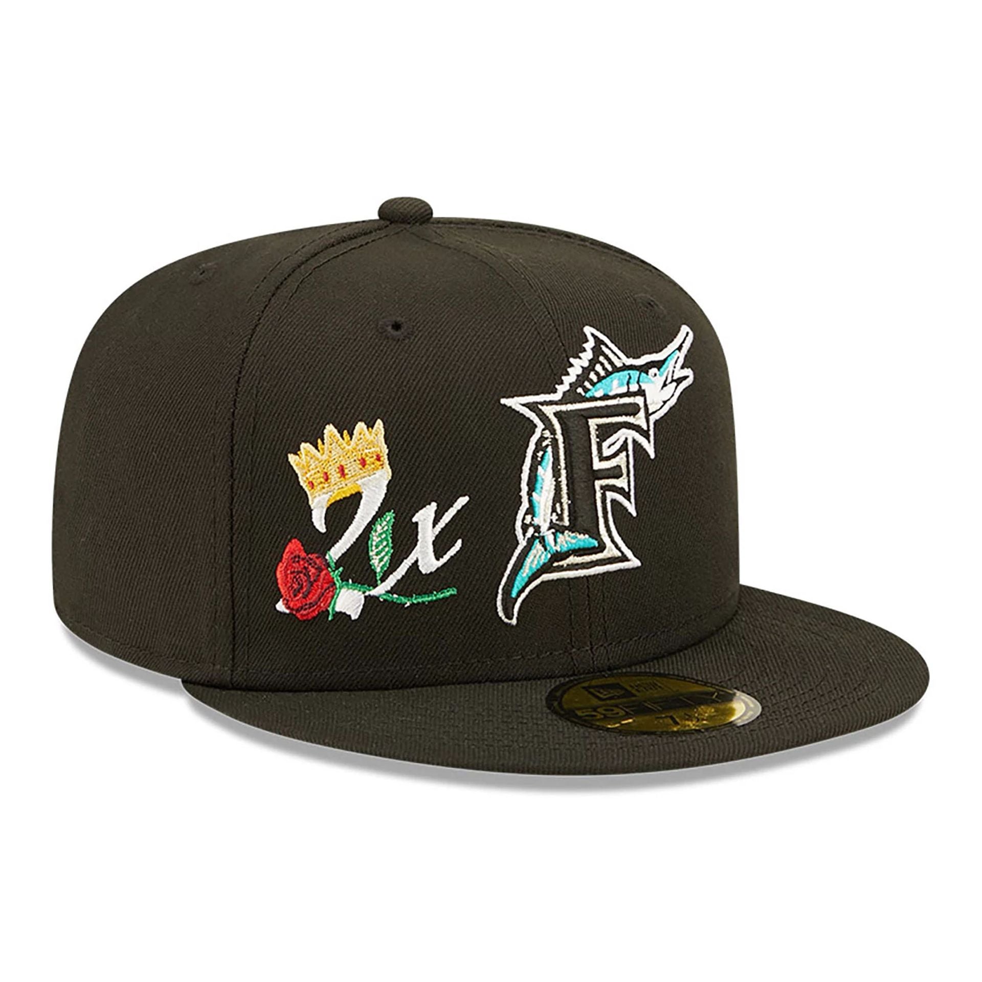 This is a Miami Marlins Crown Champs Black 59FIFTY Fitted Cap 1