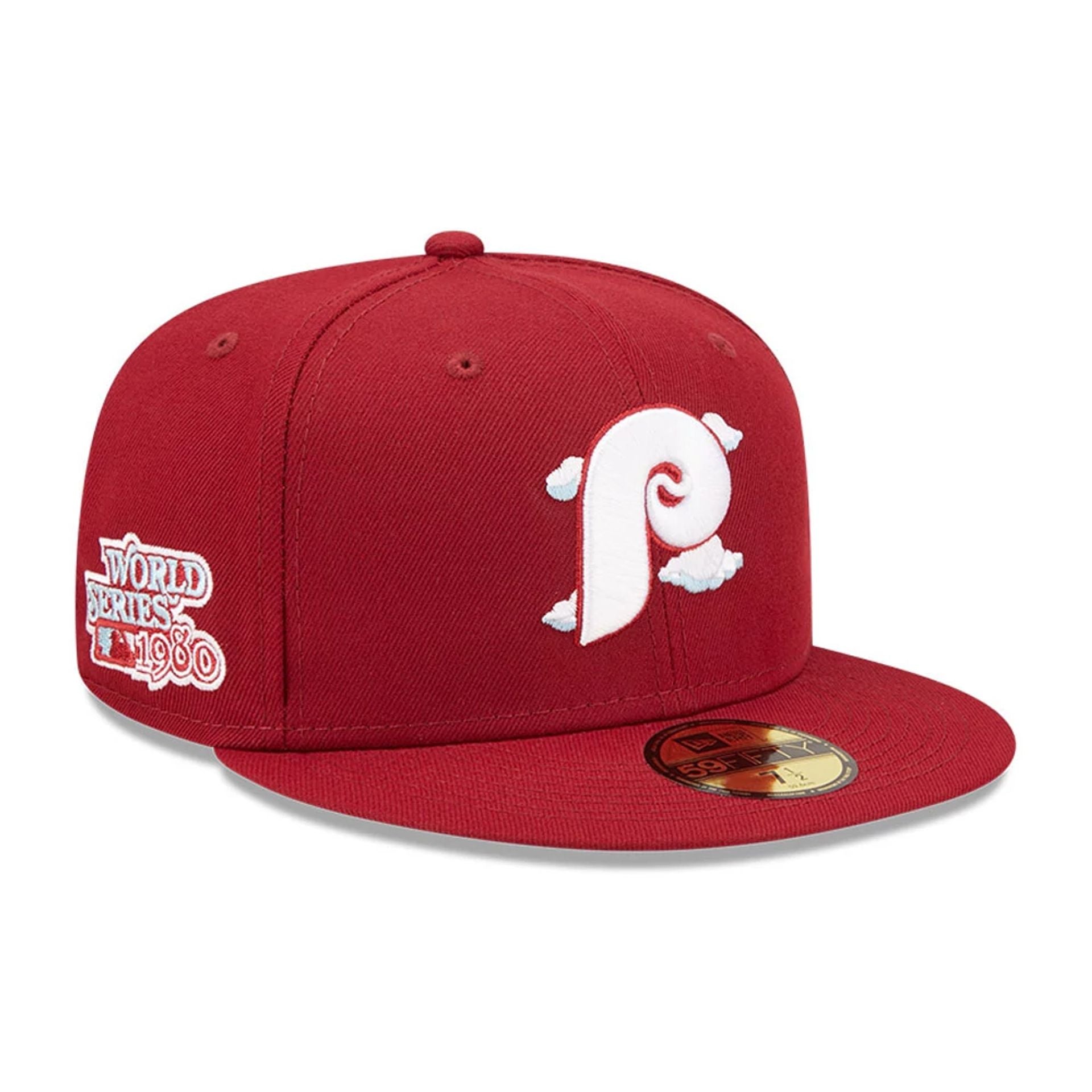 This is a Philadelphia Phillies Comic Cloud Dark Red 59FIFTY Fitted Cap 1