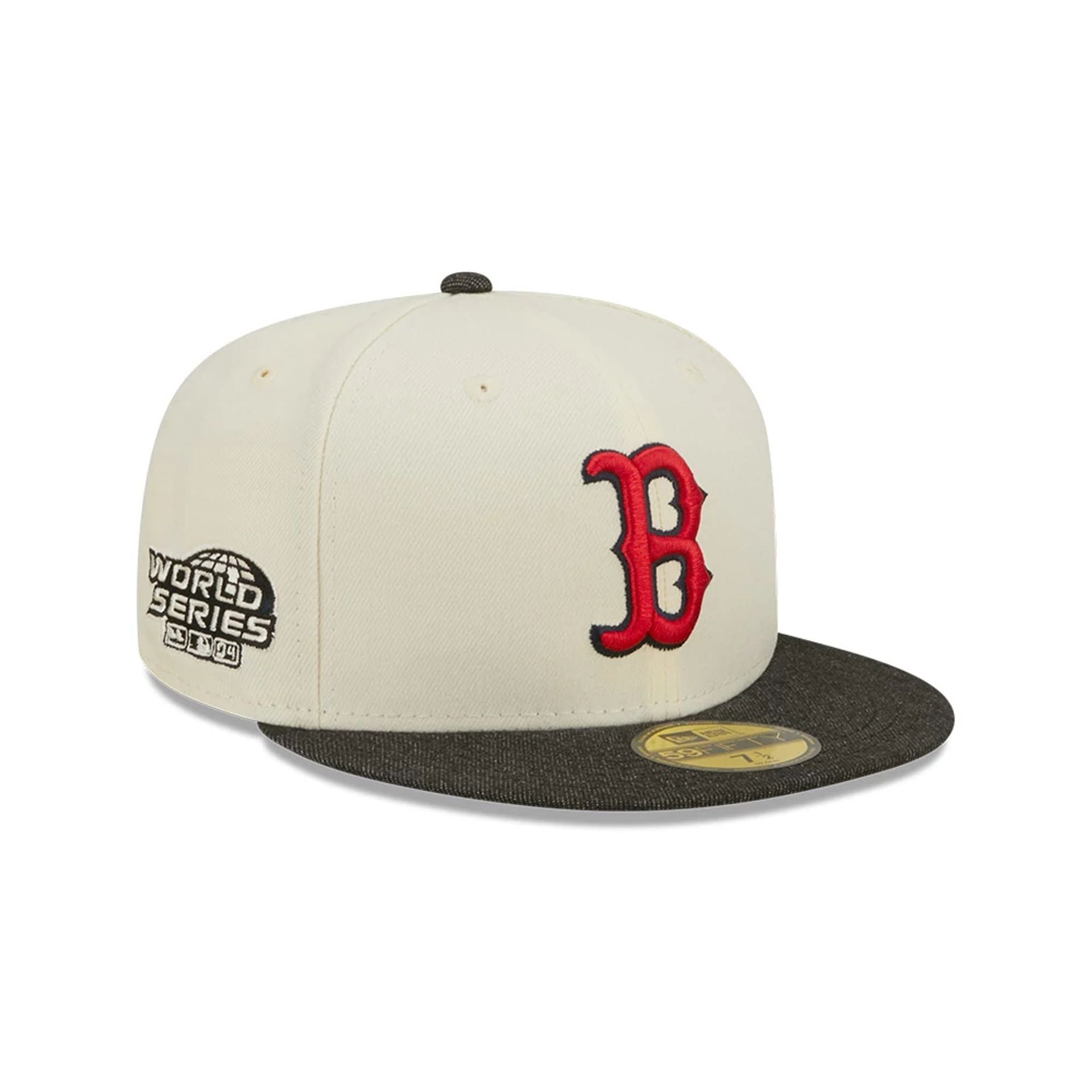 This is a Boston Red Sox MLB Black Denim Chrome White 59FIFTY Fitted Cap 1