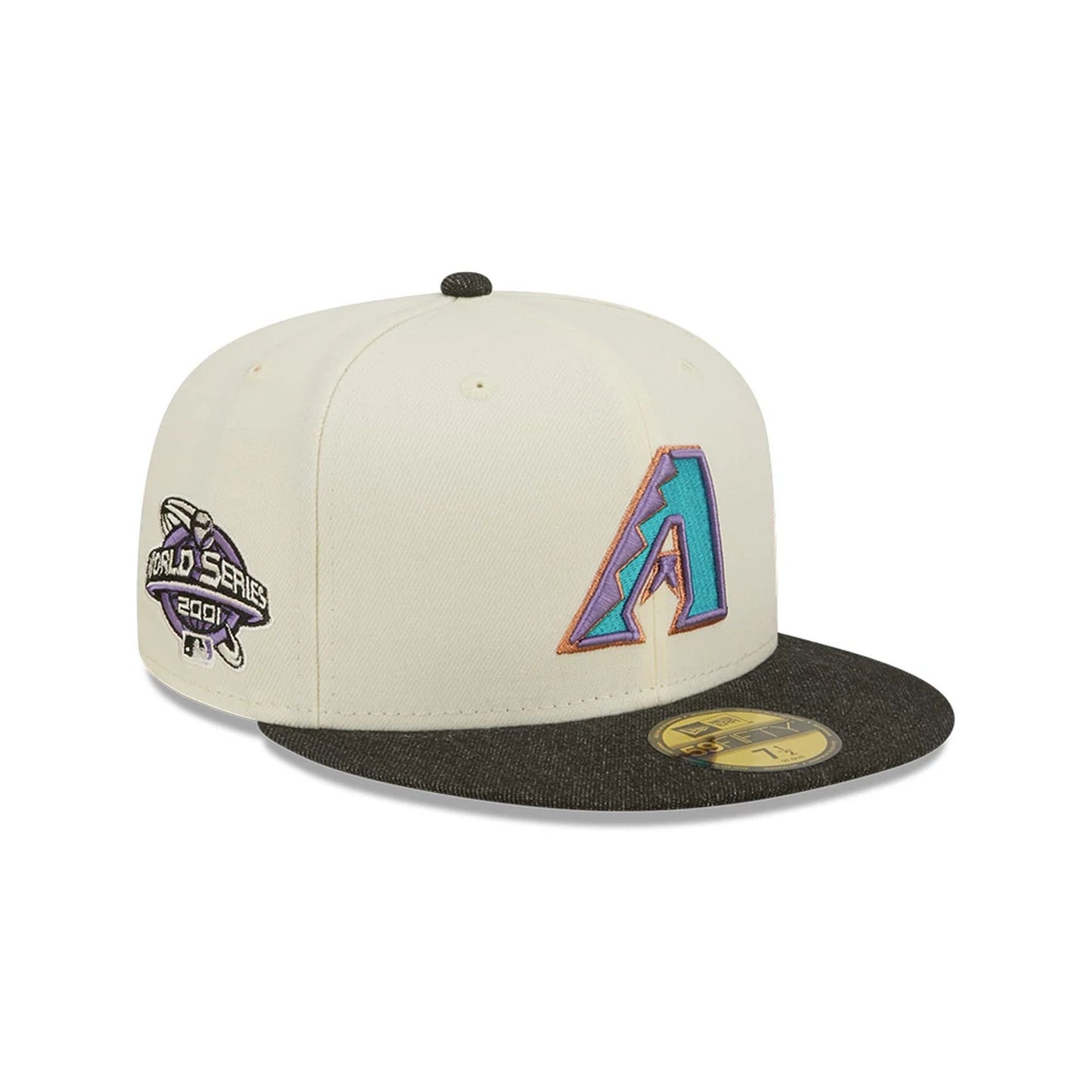 This is a Arizona Diamondbacks MLB Black Denim Chrome White 59FIFTY Fitted Cap 1