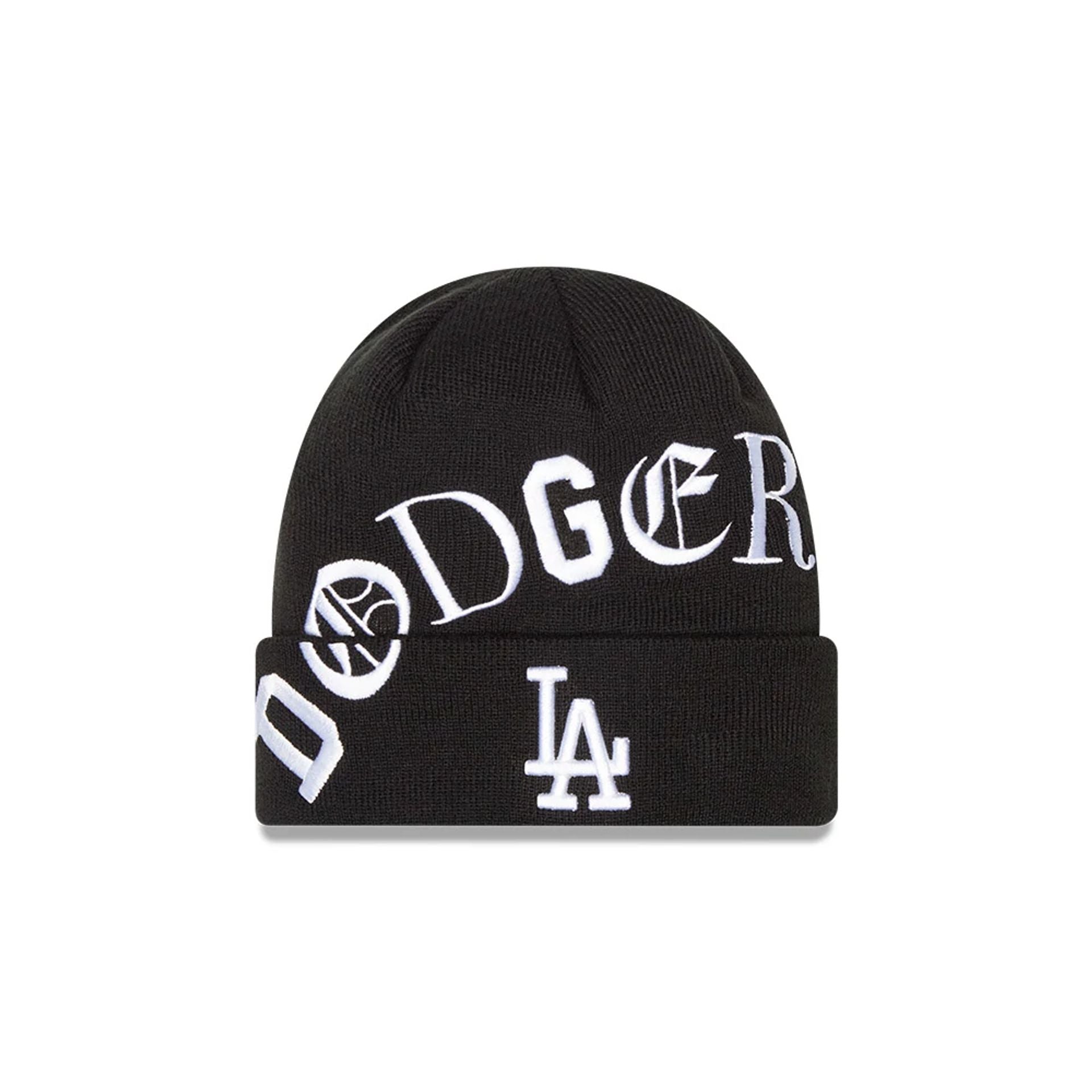 This is a New Era Blackletter LA Dodgers Black Beanie Hat 1