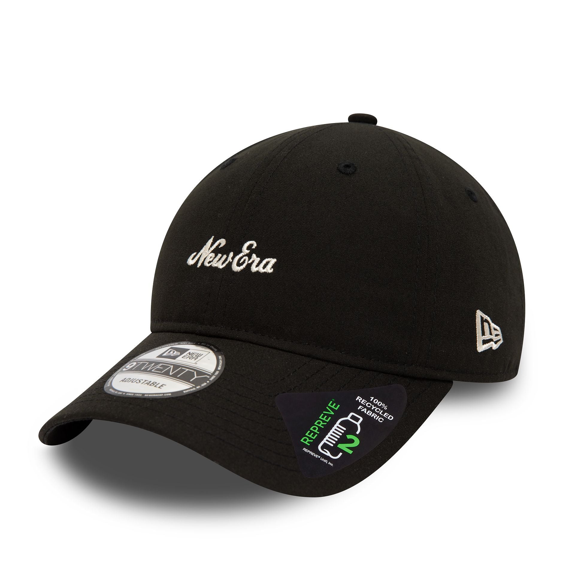 This is a New Era Heritage Script Repreve Black 9TWENTY Adjustable Cap 1