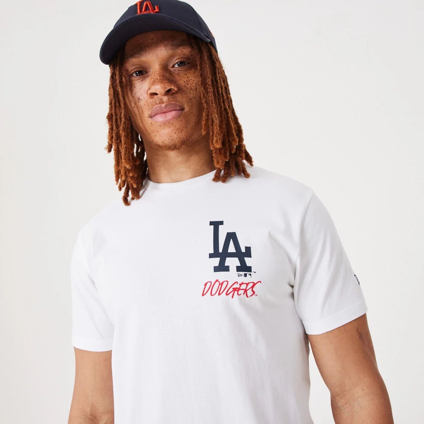 The Male model is wearing LA Dodgers MLB Team Logo Graphic White T-Shirt 3