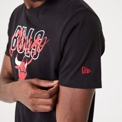 The Male model is wearing Chicago Bulls NBA Script Black T-Shirt 2