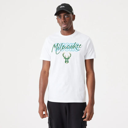 The Male model is wearing Milwaukee Bucks NBA Script White T-Shirt 1