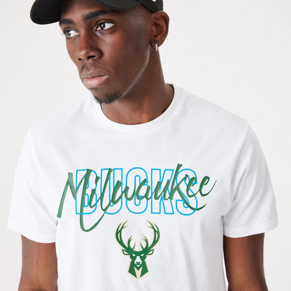 The Male model is wearing Milwaukee Bucks NBA Script White T-Shirt 2