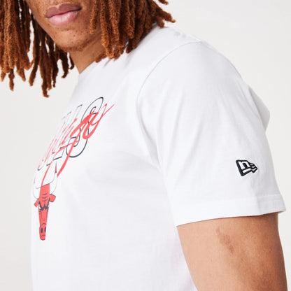 The Male model is wearing Chicago Bulls NBA Script White T-Shirt 4