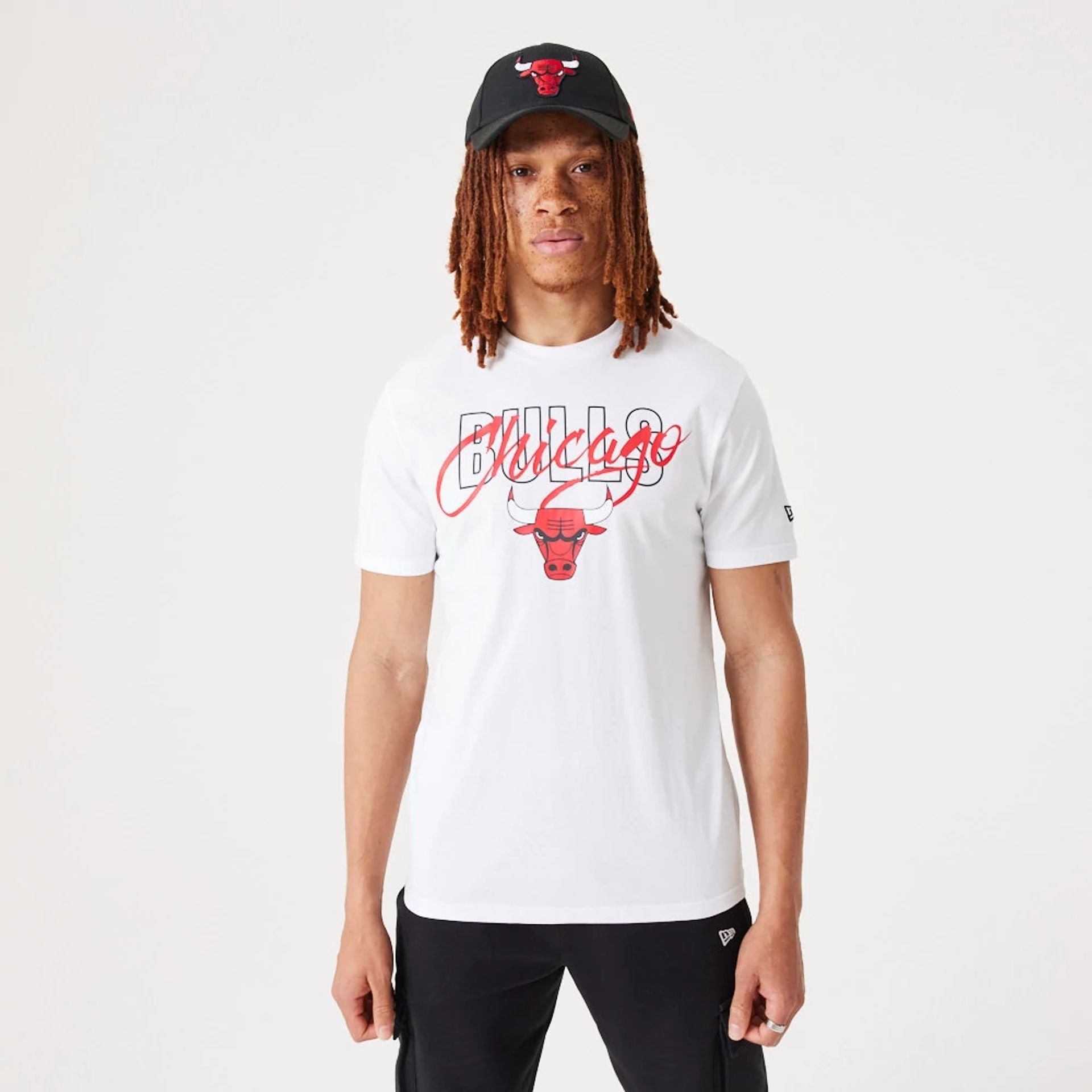 The Male model is wearing Chicago Bulls NBA Script White T-Shirt 1