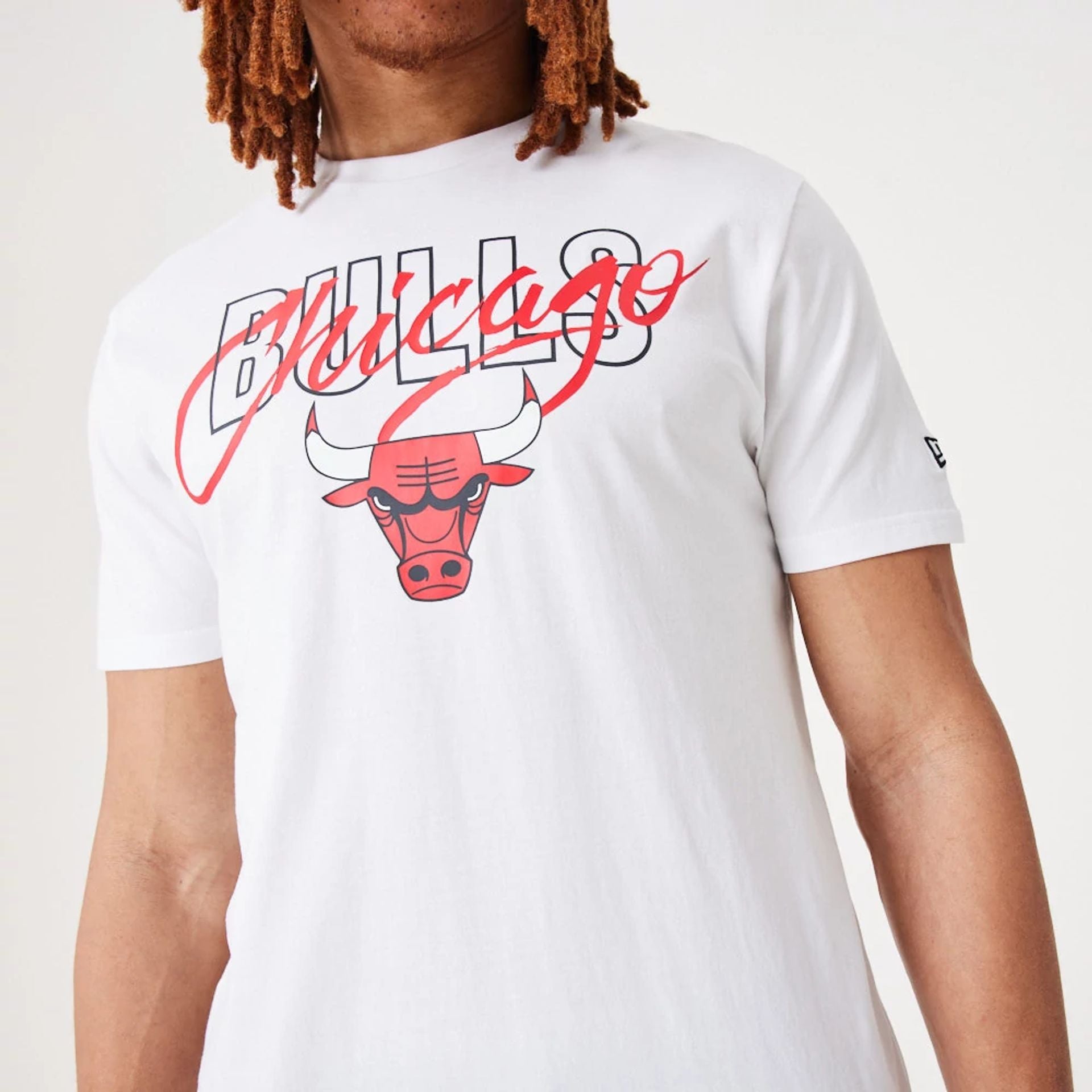 The Male model is wearing Chicago Bulls NBA Script White T-Shirt 3