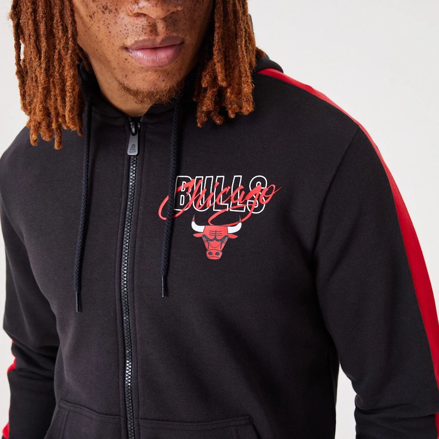 The Male model is wearing Chicago Bulls NBA Script Black Full-Zip Hoodie 4