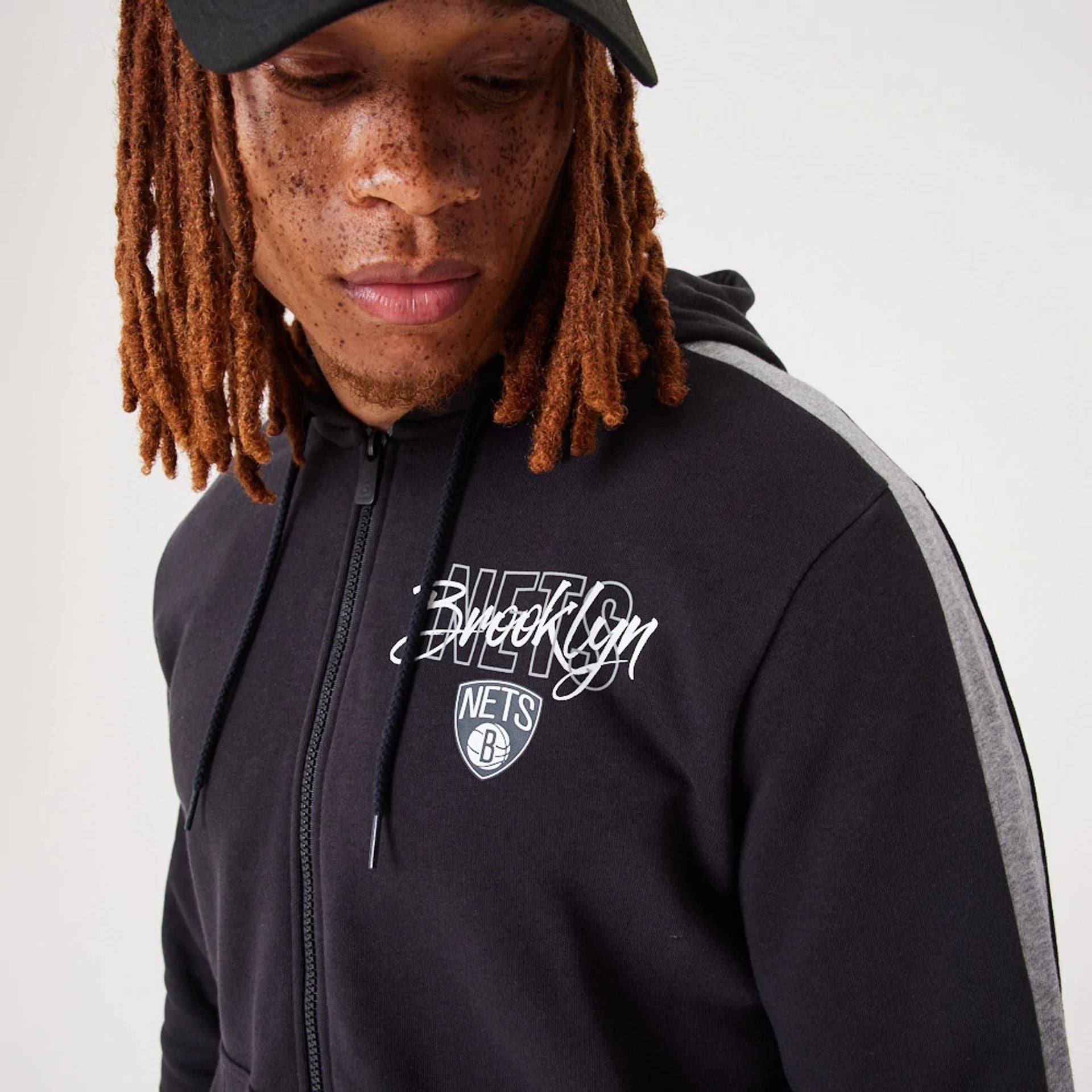 The Male model is wearing Brooklyn Nets NBA Script Black Full-Zip Hoodie 3