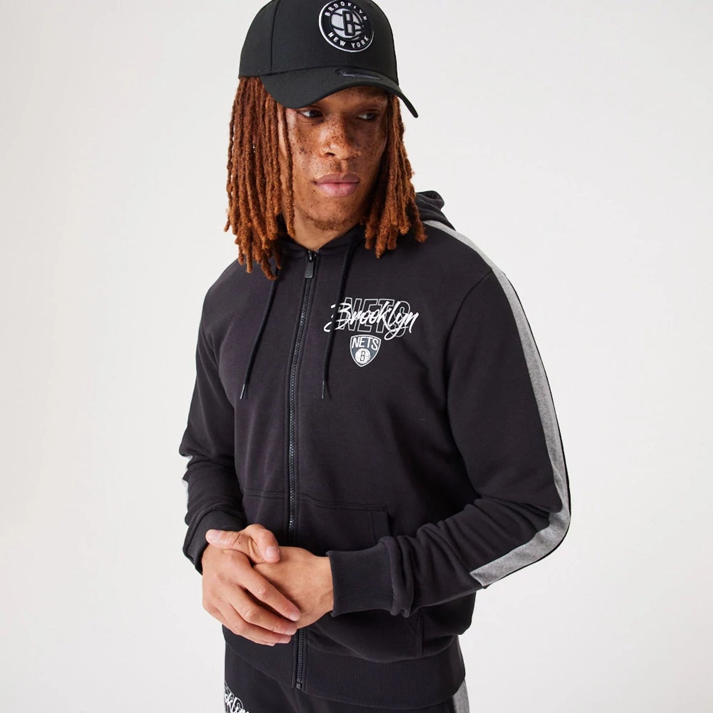 The Male model is wearing Brooklyn Nets NBA Script Black Full-Zip Hoodie 1