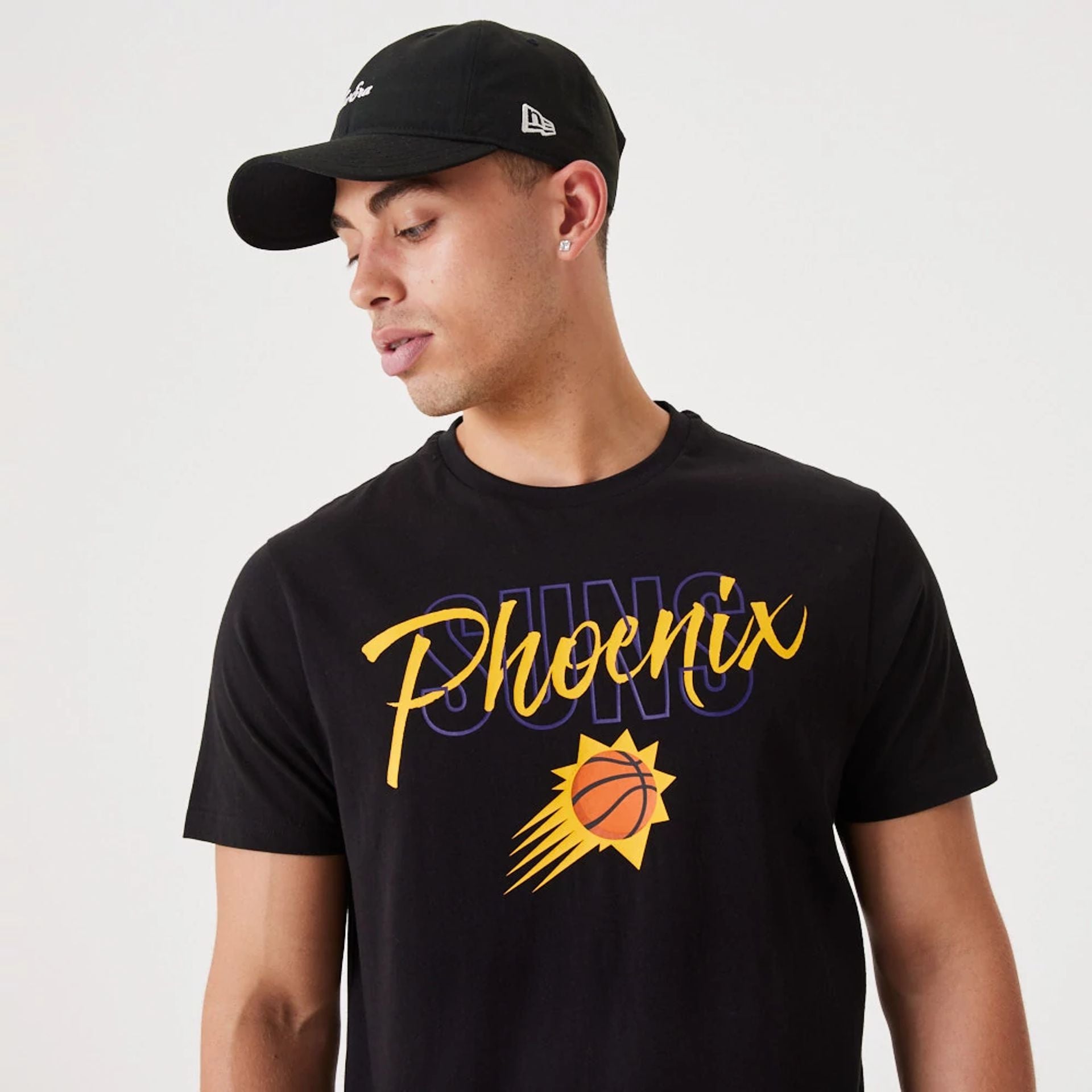 The Male model is wearing Phoenix Suns NBA Script Black T-Shirt 3